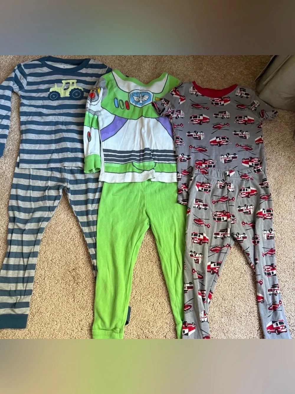 3T Kids Pajama Set - Buzz Lightyear Green Pajamas + Striped & Firetruck PJs